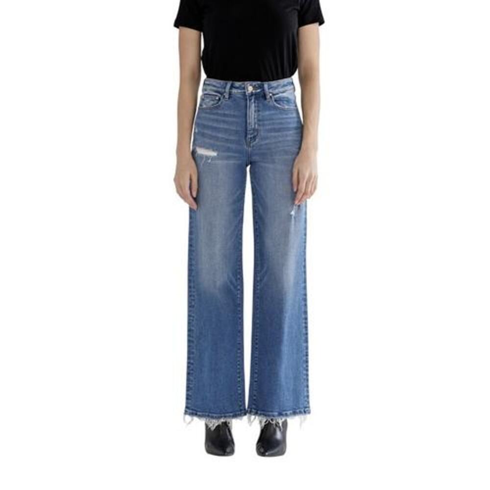 Mica High Rise Wide Leg Distressed Boho Relaxed Stretch Jeans Raw Hem Size 27